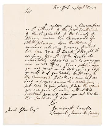 (COLONIAL WARS.) James De Lancey. Letter appointing an officer on the New York frontier after the French attack on Hoosick.                      